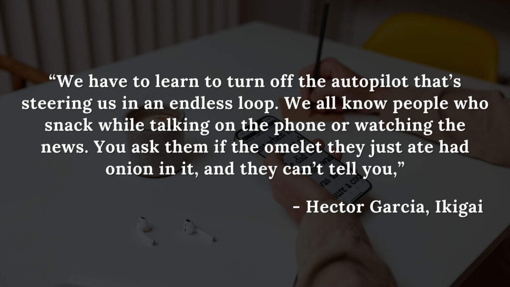 22. “We have to learn to turn off the autopilot that’s steering us in an endless loop. We all know people who snack while talking on the phone or watching the news. You ask them if the omelet they just ate had onion in it, and they can’t tell you,” - ikigai quotes by hector garcia

